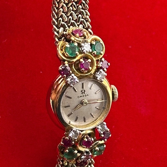 14k Vintage Solid Yellow Gold Omega Watch With Colorful Stones Running! main image 7